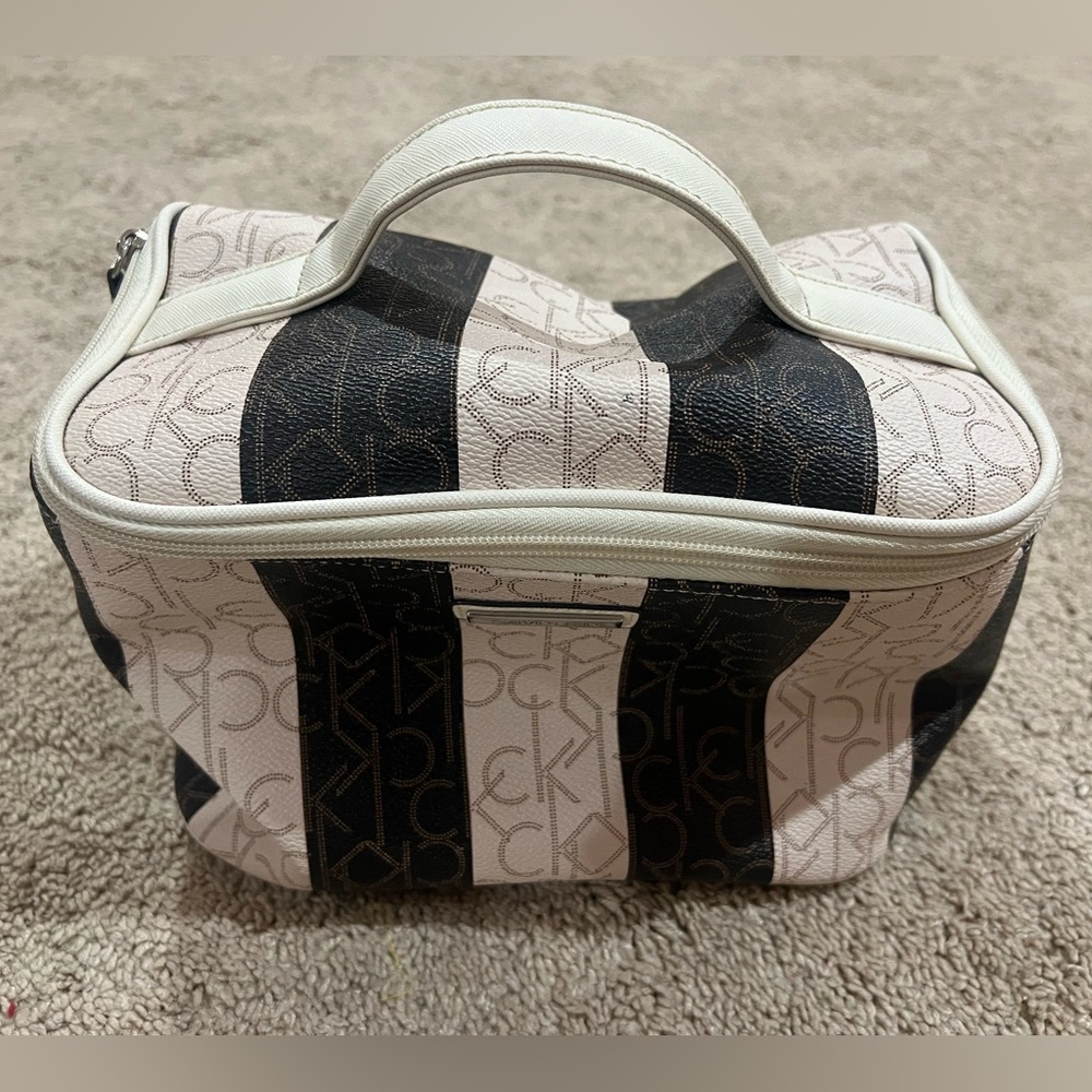 Calvin Klein Black and Cream Striped Cosmetic Bag